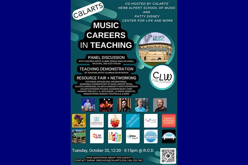 Promotional poster for “Music Careers in Teaching,” featuring panel discussions, a teaching demonstration, a resource fair, partner logos, event details, and a QR code.
