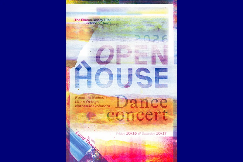 Colorful poster for The Sharon Disney Lund School of Dance’s Open House dance concert, featuring performer names and dates Friday 10/16 and Saturday 10/17.