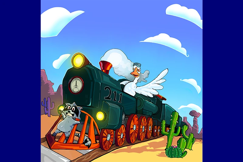 Cartoon steam train numbered 211 crossing a desert, with a duck leaning from the engine and a cat riding in the front carriage.
