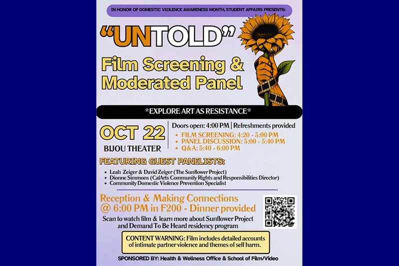 Event poster for the film “UNTOLD,” featuring a sunflower wrapped with film strip and details about a domestic violence awareness screening and panel on October 22.